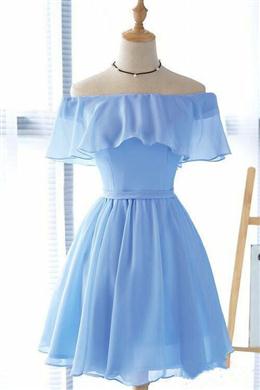 Picture of Lovely Blue Short Chiffon Off Shoulder Party Dresses, A-line Prom Dresses